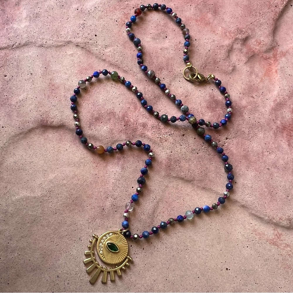 Handmade hand knotted multi gemstone evil eye necklace
